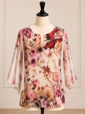 Brittany Black Floral Sheer Long-Sleeve Blouse in Pink and Cream (lined body)